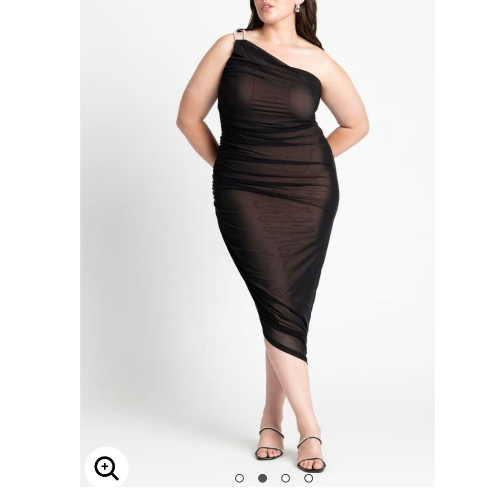 NWT Eloquii Sz‎ 16 Black One Shoulder Ruched Rhinestone Evening Cocktail Dress